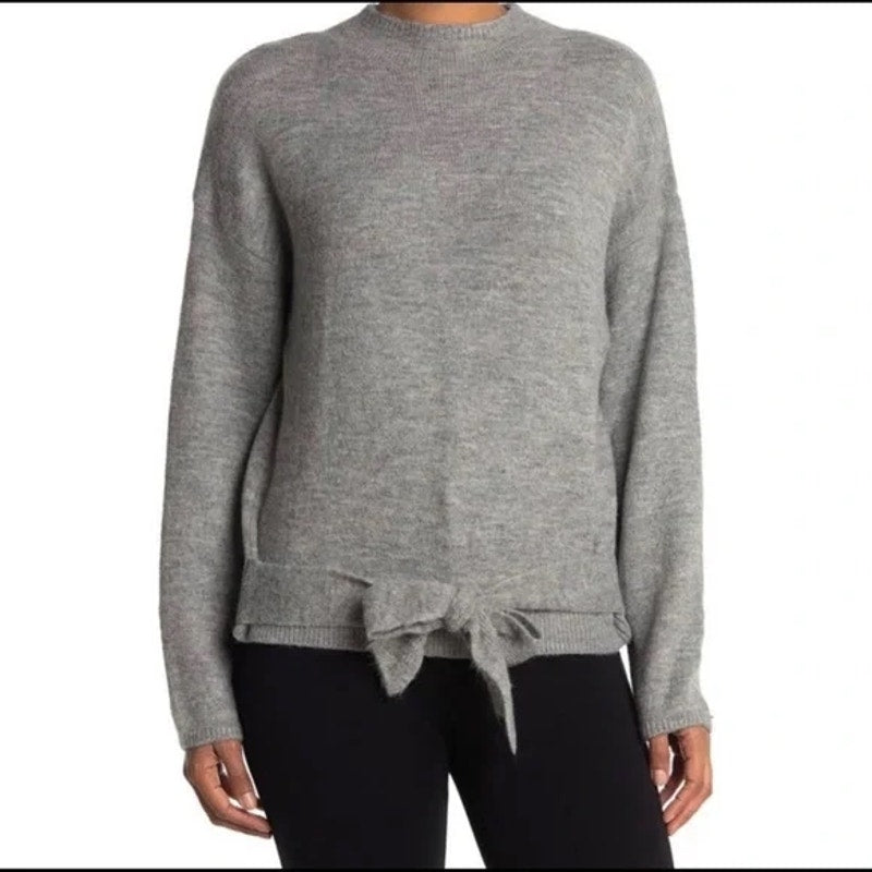 WAYF Tie Waist Mock Neck Pullover Knit Sweater Size Medium Light Grey NWT