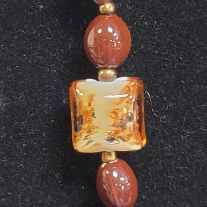 Vintage Set Reddish Orange Glass Beaded Necklace with Latch Drop Earrings