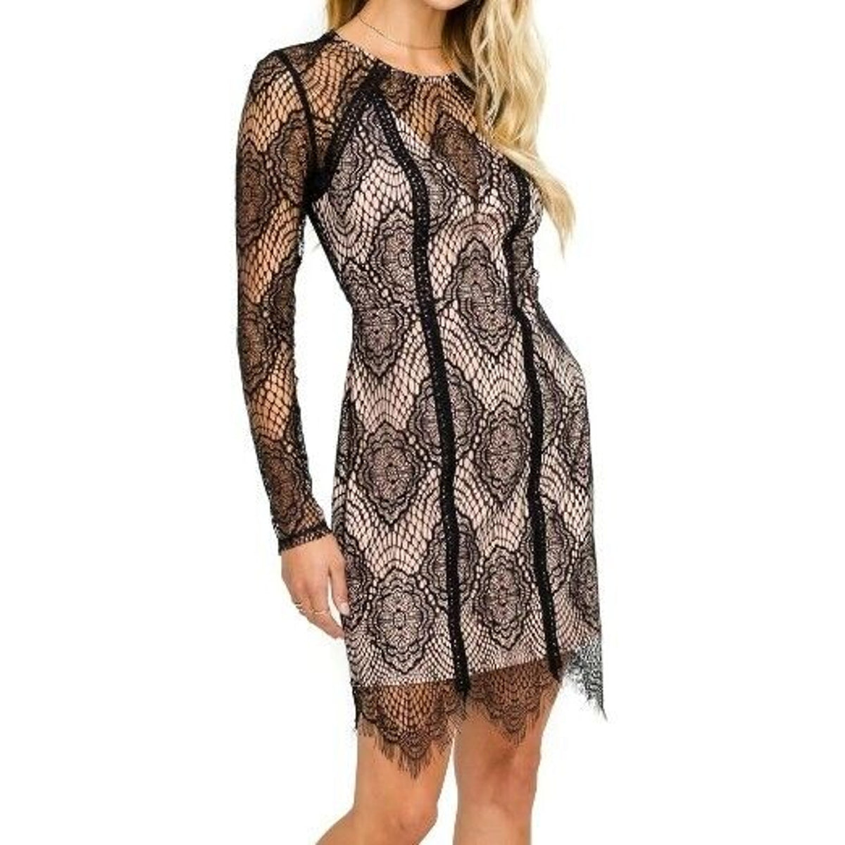 ASTR The Label Black Nude Long Sleeve Lace Illusion Bodycon Mini Dress Small NWT