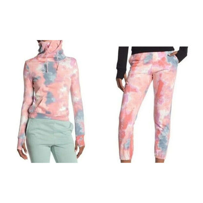Love Fire 2 Piece Jogger Sweat Suit Pink Blue Tie Dye Small/Petite NWT Mask Hood
