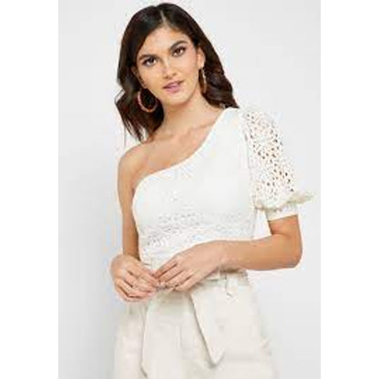 Topshop One Shoulder Lace Puff Sleeve Lined Cropped Top Side Zip Ivory Size 8