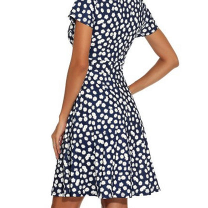 Sucrefas Navy Floral V-Neck A-Line Dress Size Medium