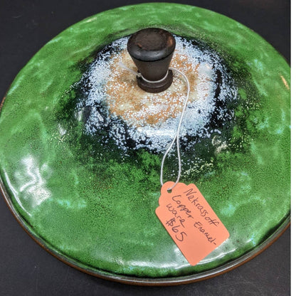 Vintage Nekrassoff Copper Enamelware Serving Dish Bowl with Lid Green
