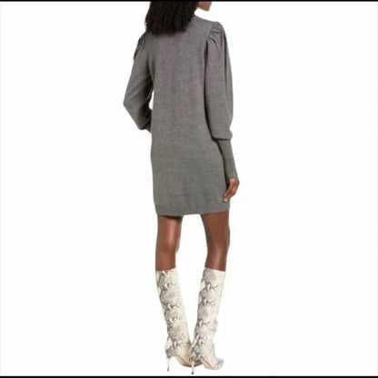 WayF Lola Puff Sleeve Knit Dress Medium Dark Grey NEW Mock Neck Sweater Dress