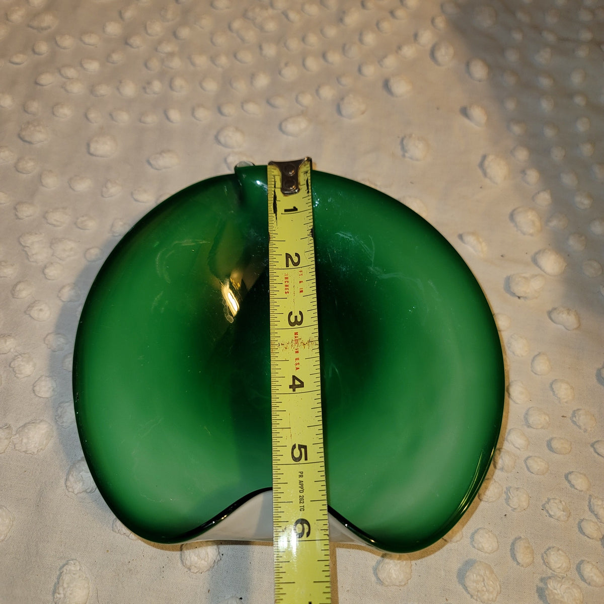 Murano Swirl Quilted Glass Bowl Green Mid Century Small 7 in Cased White
