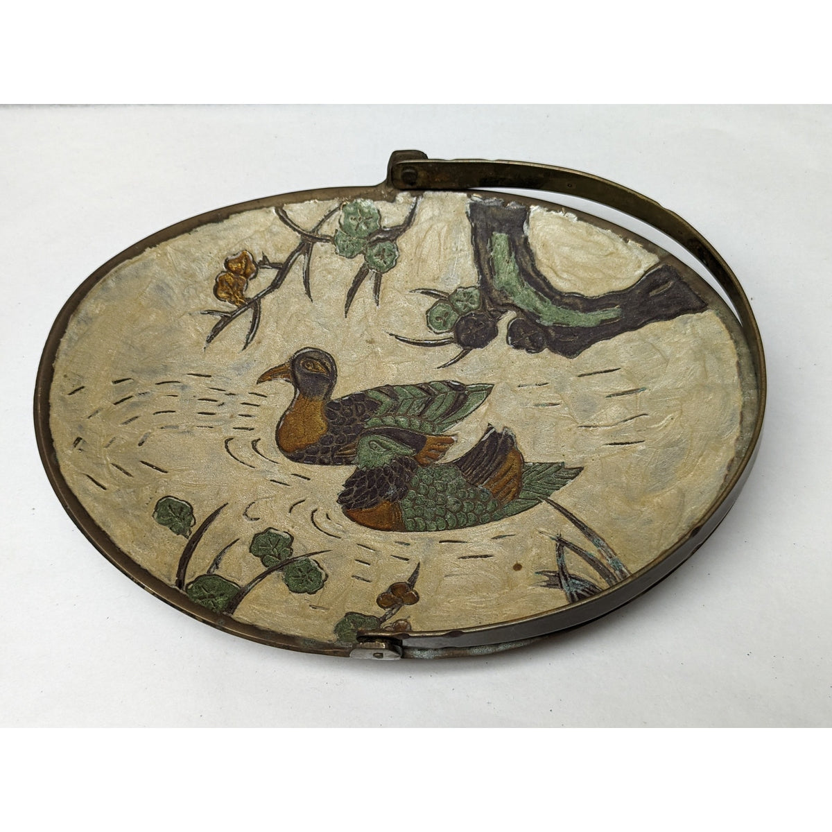 Vintage Indian Bronze Tray Cloisonne Enamel Birds Ducks Dish Tidbit  Handle