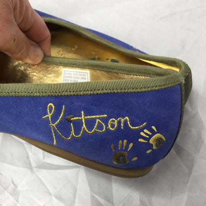 Kitson Ballet Flat Slip On Cap Toe Shoes Suede Leather Blue/olive Size 7.5 US