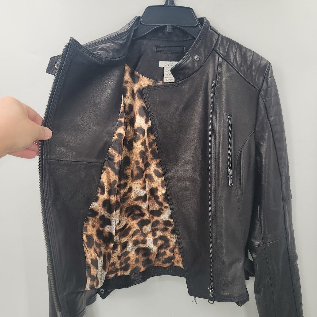 Cache Womens Large Leather Moto Jacket Coat Cheetah Print Lined Full Zip black