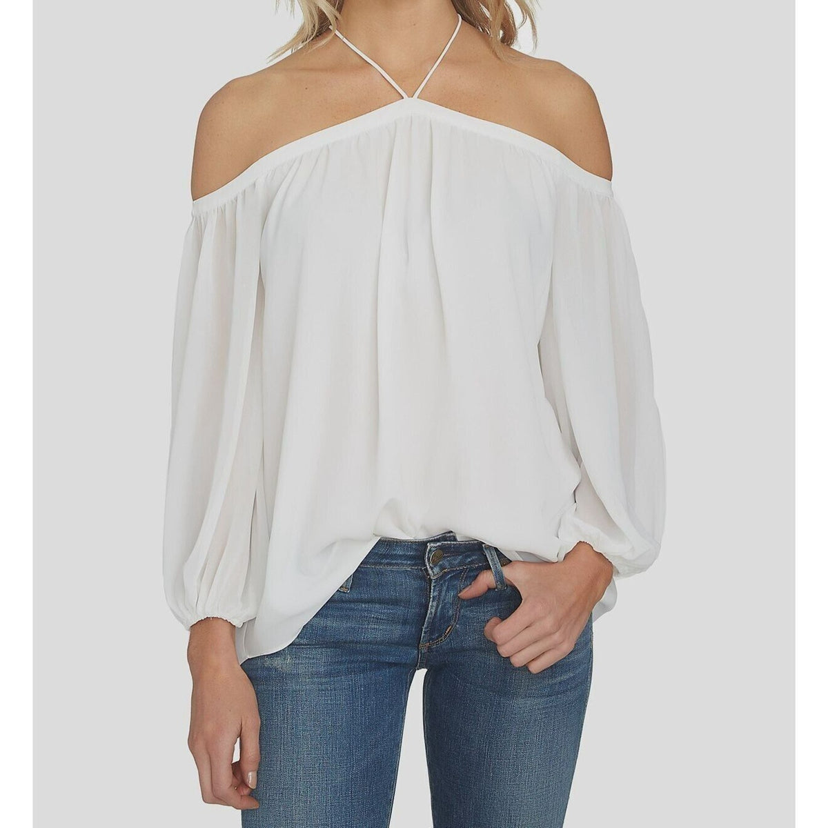 1. State Women's Off Shoulder Sheer Chiffon Halter Blouse Top Size XXS Ivory NWT