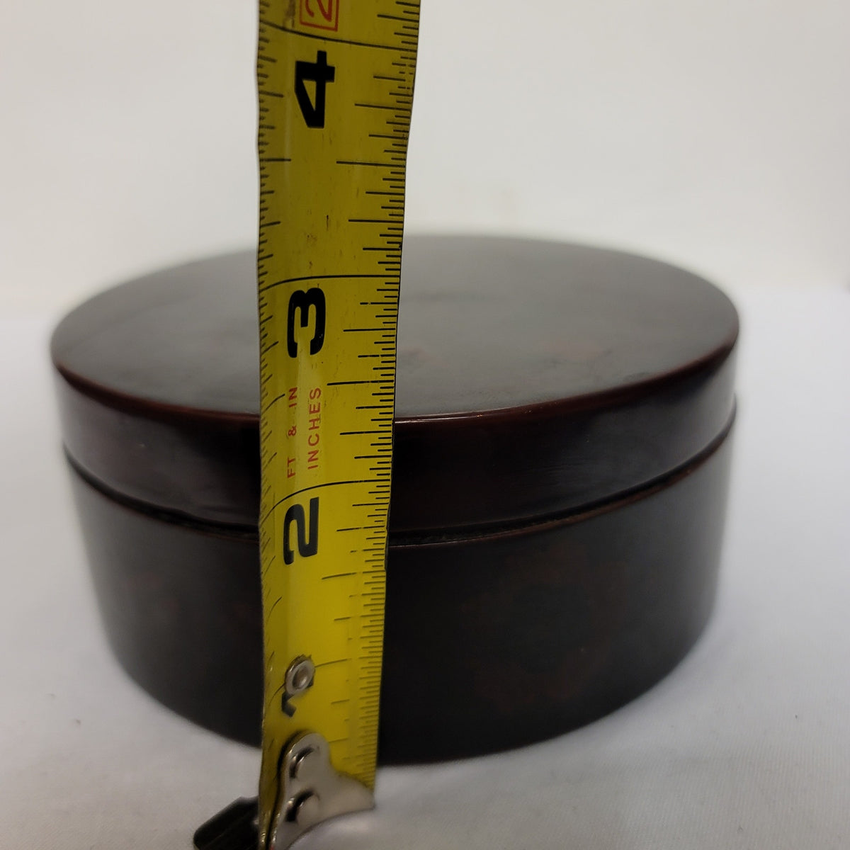 Red floral lacquer box round Vintage Asian powder lid 5" vanity makeup Glamour
