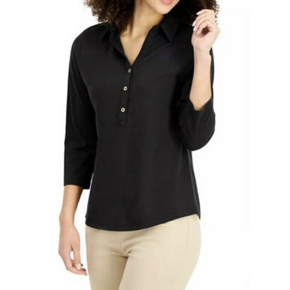 Charter Club NEW Women’s Supima Cotton Deep Black Knit Polo Shirt Size Small Top
