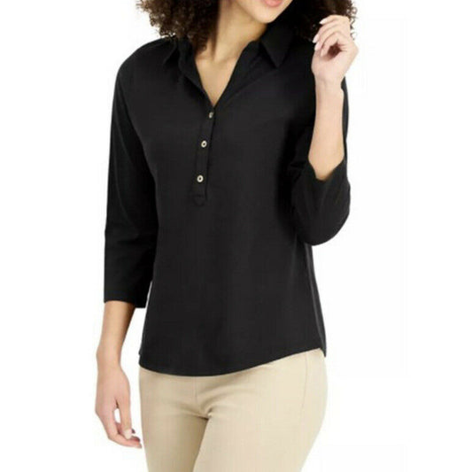 Charter Club NEW Women’s Supima Cotton Deep Black Knit Polo Shirt Size Small Top