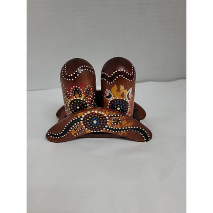 Australia Aboriginal Kangaroo Handmade Painted Wooden Salt Pepper Shakers Stand