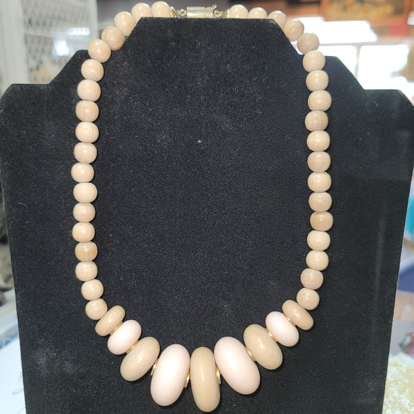 Vintage Pale Carved wood Bead Necklace Jewelry Light Browns Statement Piece