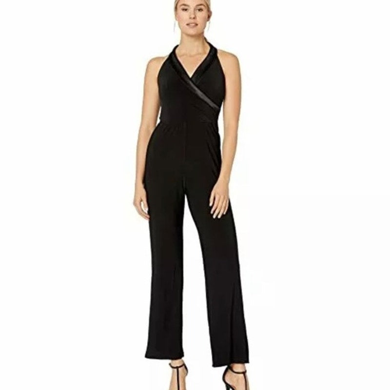Marina NWT Matte Jersey Jumpsuit Satin Shawl Collar Black Size 16