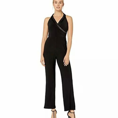 Marina NWT Matte Jersey Jumpsuit Satin Shawl Collar Black Size 16