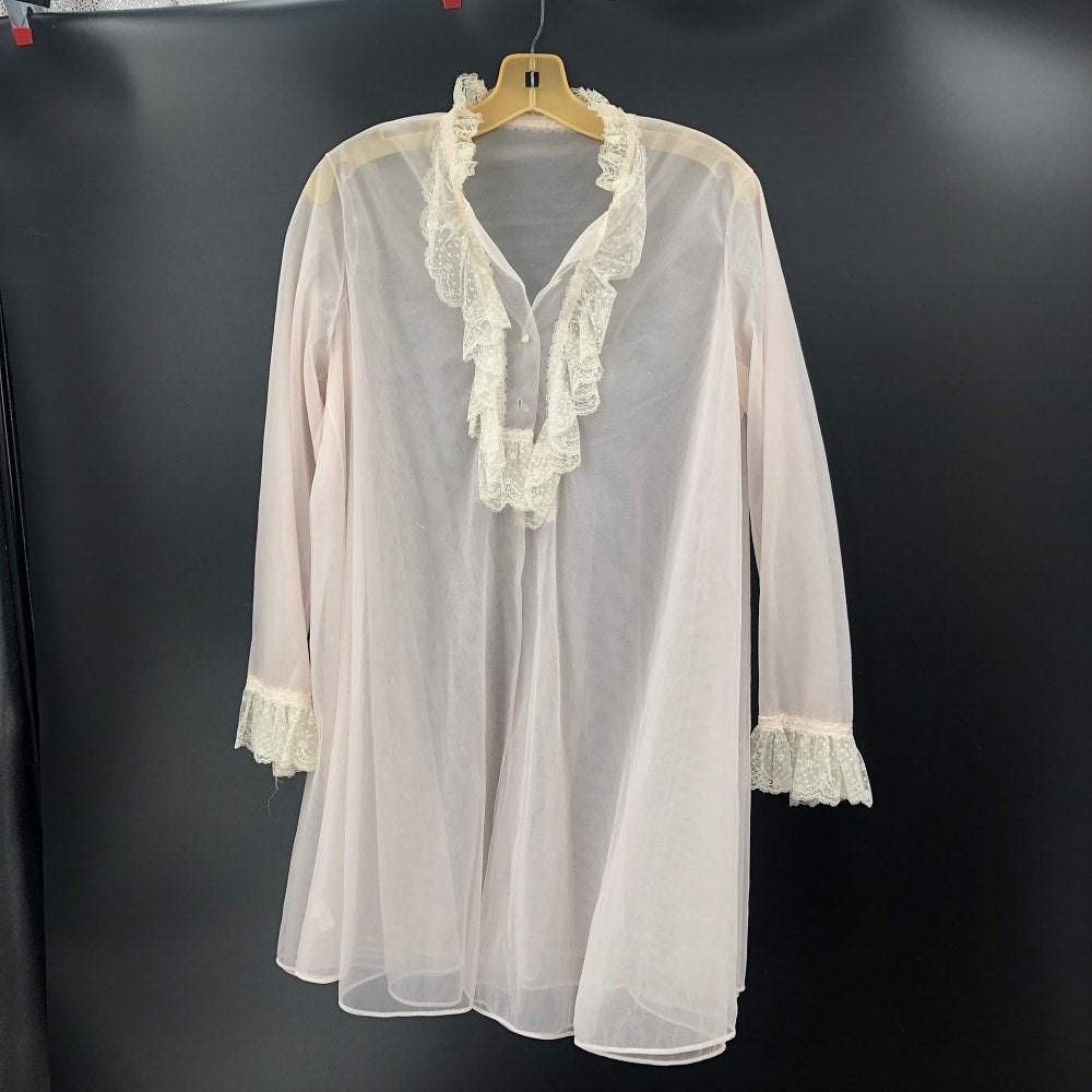 Vintage Pink Sheer Chiffon Ruffle Lace Nightgown Robe Romantic Loungewear