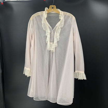 Vintage Pink Sheer Chiffon Ruffle Lace Nightgown Robe Romantic Loungewear