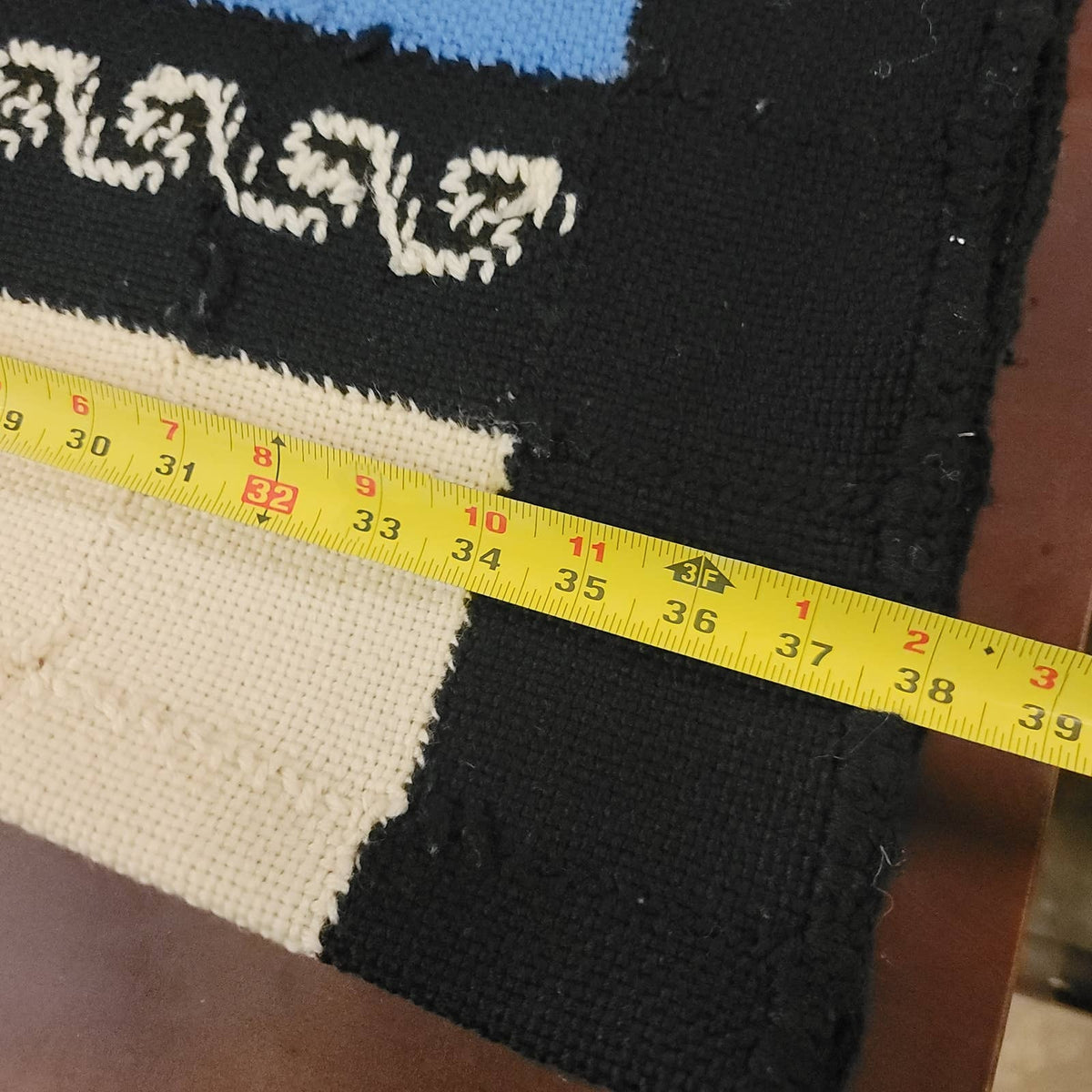 Handmade coverlet Needlework Floral Colorblock Blue Black Blanket Bedspread VTG