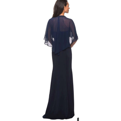 La Femme Navy Illusion Cape Trumpet Gown Jewel Neck Dress Size 16 Wedding Formal