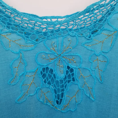 Vintage Blue Teal Coverup Dress Embroidery short sleeve 1980's Medium