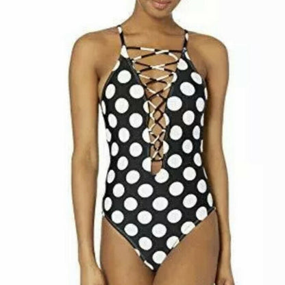 NWT Laceup High Neck One Piece Swimsuit Polka Dot Size 16