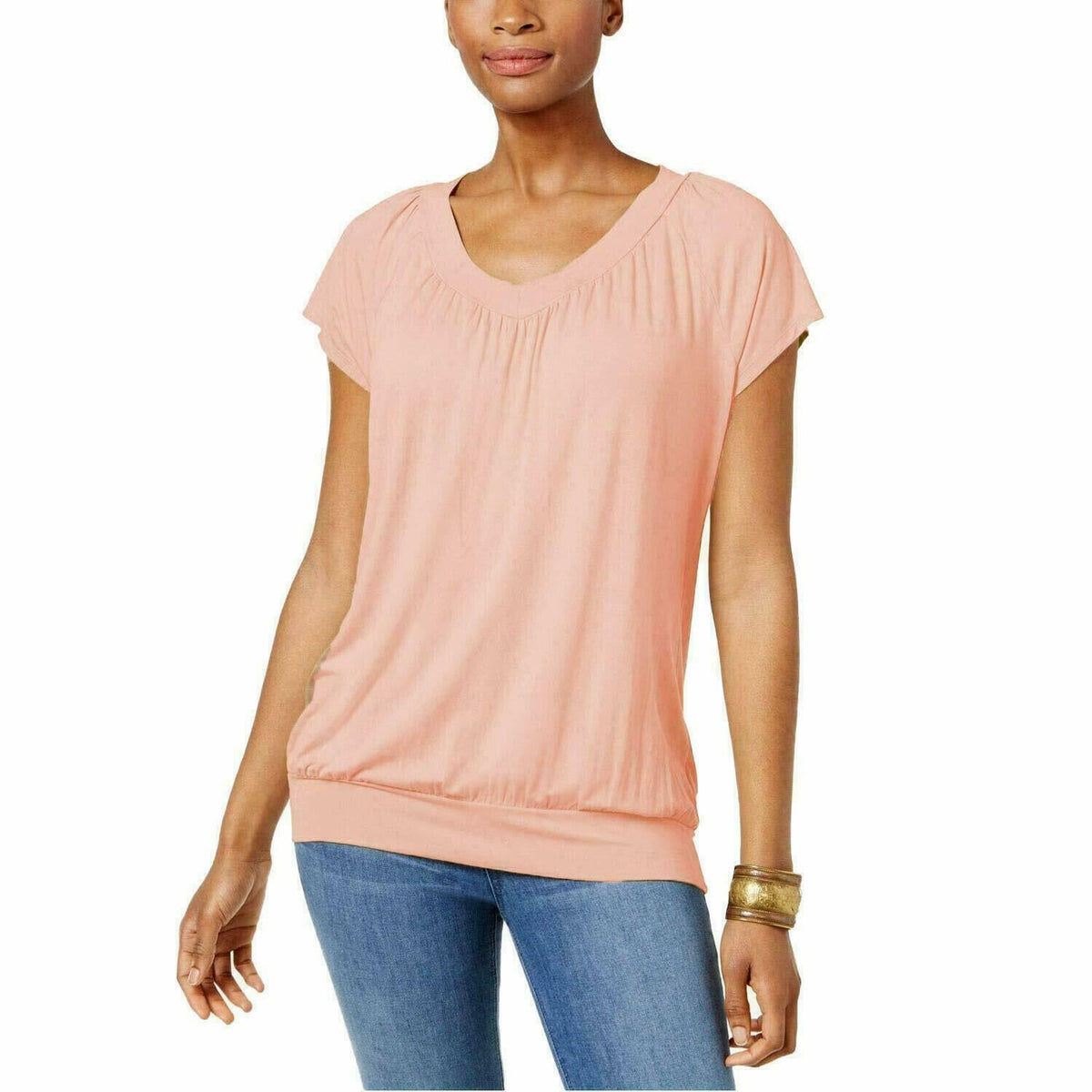 JM Collection Blouson Banded Hem Peasant T-Shirt Top V-Neck Casabella XS