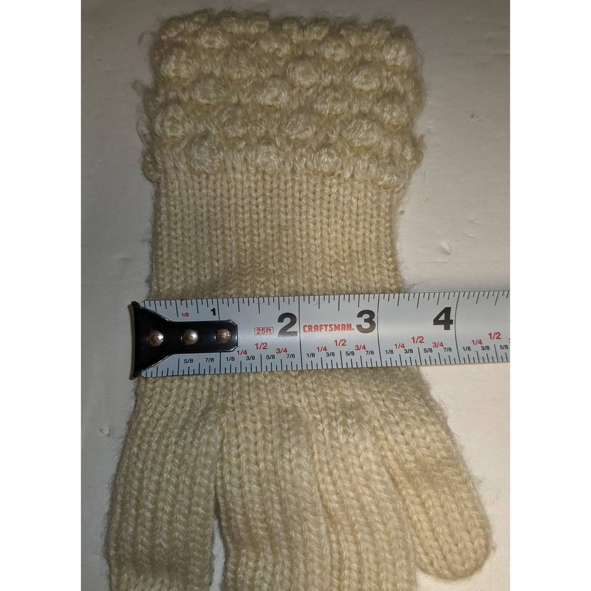 Vintage Cream Knit Winter Driving Gloves Faux Leather Palms Bubble Stitch Cuffs