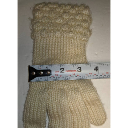 Vintage Cream Knit Winter Driving Gloves Faux Leather Palms Bubble Stitch Cuffs