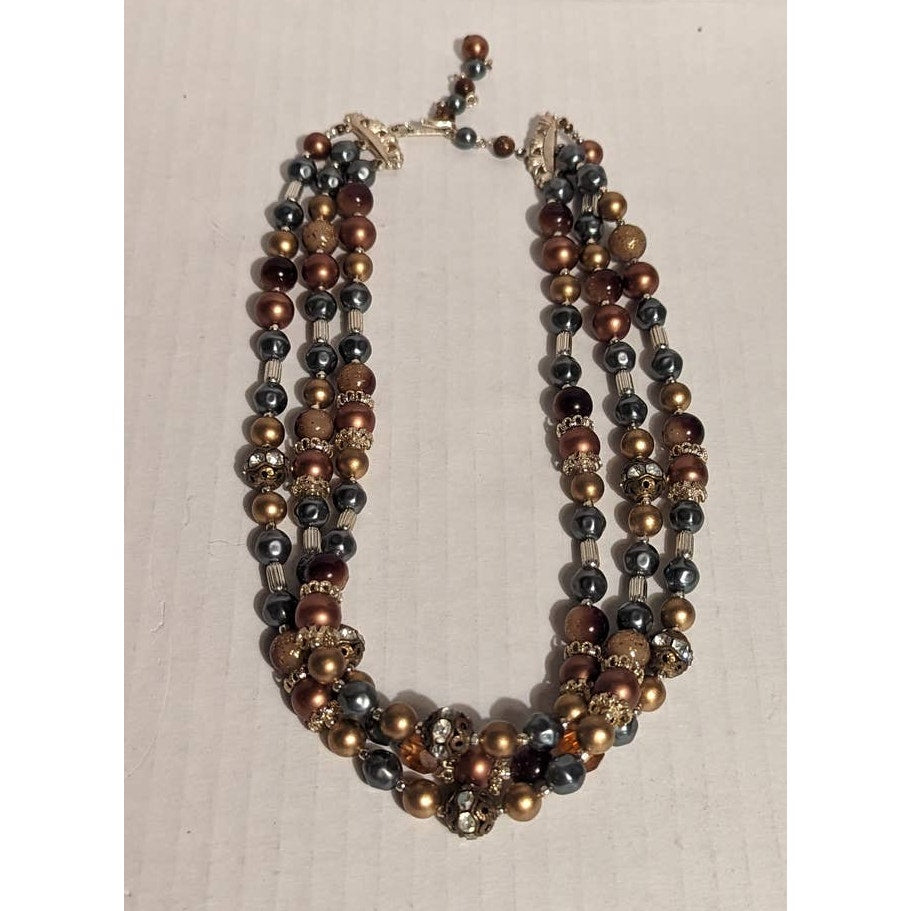 Vintage Costume Jewelry Fashion Layered Beaded Necklace 3 Strand Blue Faux Pearl
