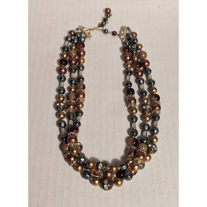 Vintage Costume Jewelry Fashion Layered Beaded Necklace 3 Strand Blue Faux Pearl