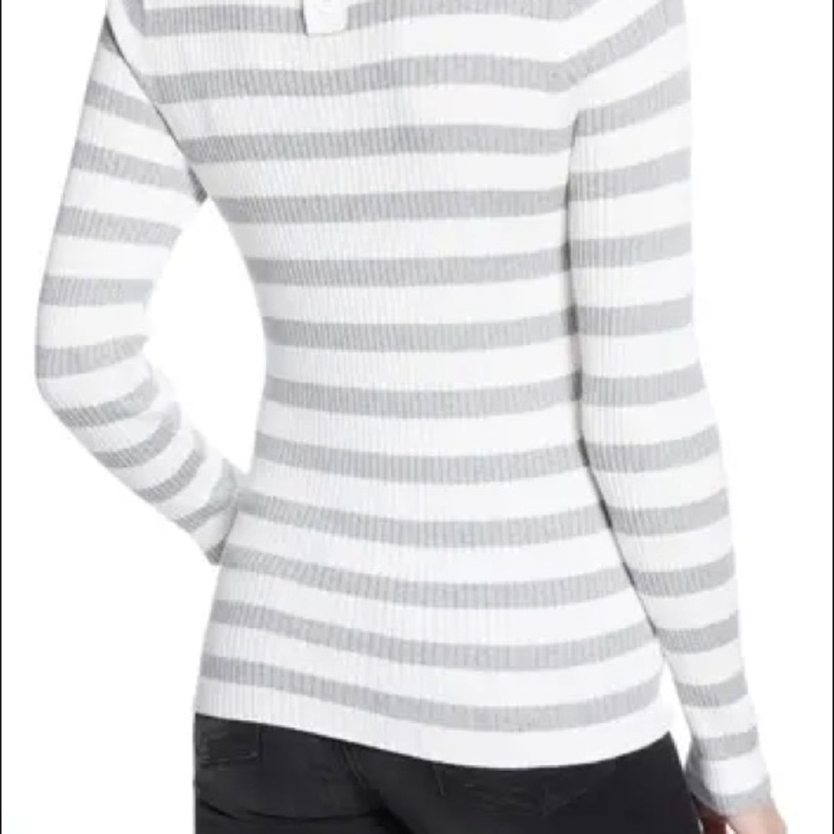 1901 White Grey Stripped Ribbed Long Sleeve Top Button Back Medium NEW