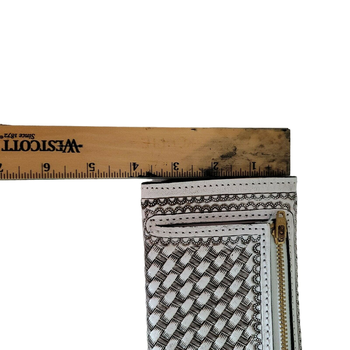 Hand tooled leather wallet trifold White 7 1/2"x 4" BOHO Chic Mexican Artisan