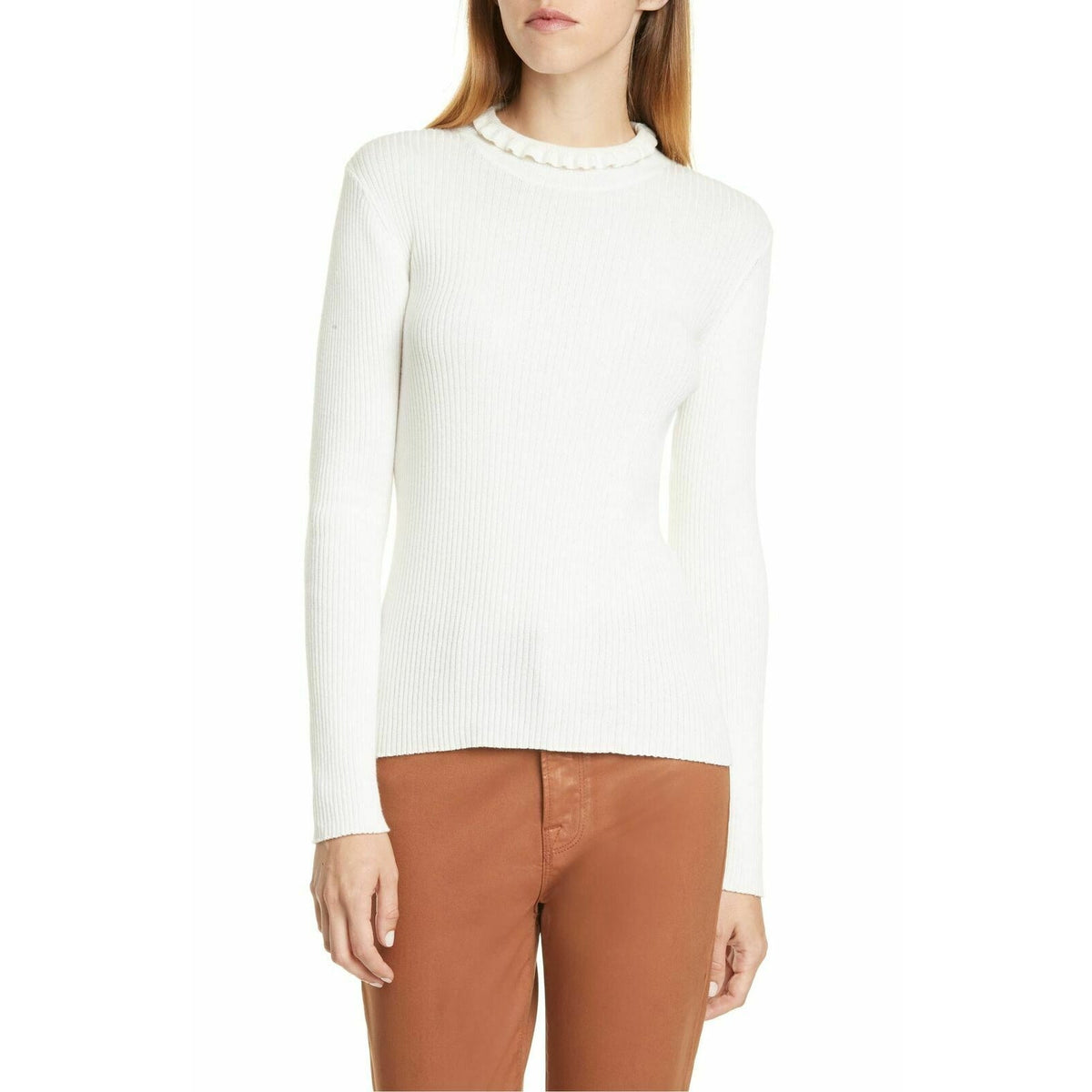 Frame Long Sleeve Pullover Sweater Ruffle Mock Neck Ribbed Knit Off White XS