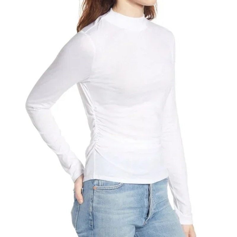 Chelsea28 Ruched Sides Mock Neck Long Sleeve Top Size Small White NWT