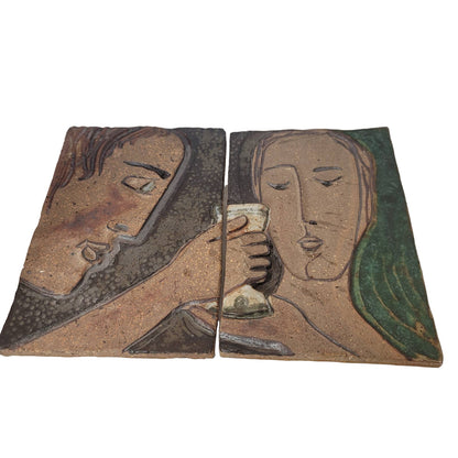 Art Pottery Glaze Couple pair Clay Relief Wall Tile Plaques Male female toasting