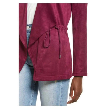 BLANKNYC Drawstring Waist Faux Suede Drape Lapel Jacket Sz Large Burgundy NWT