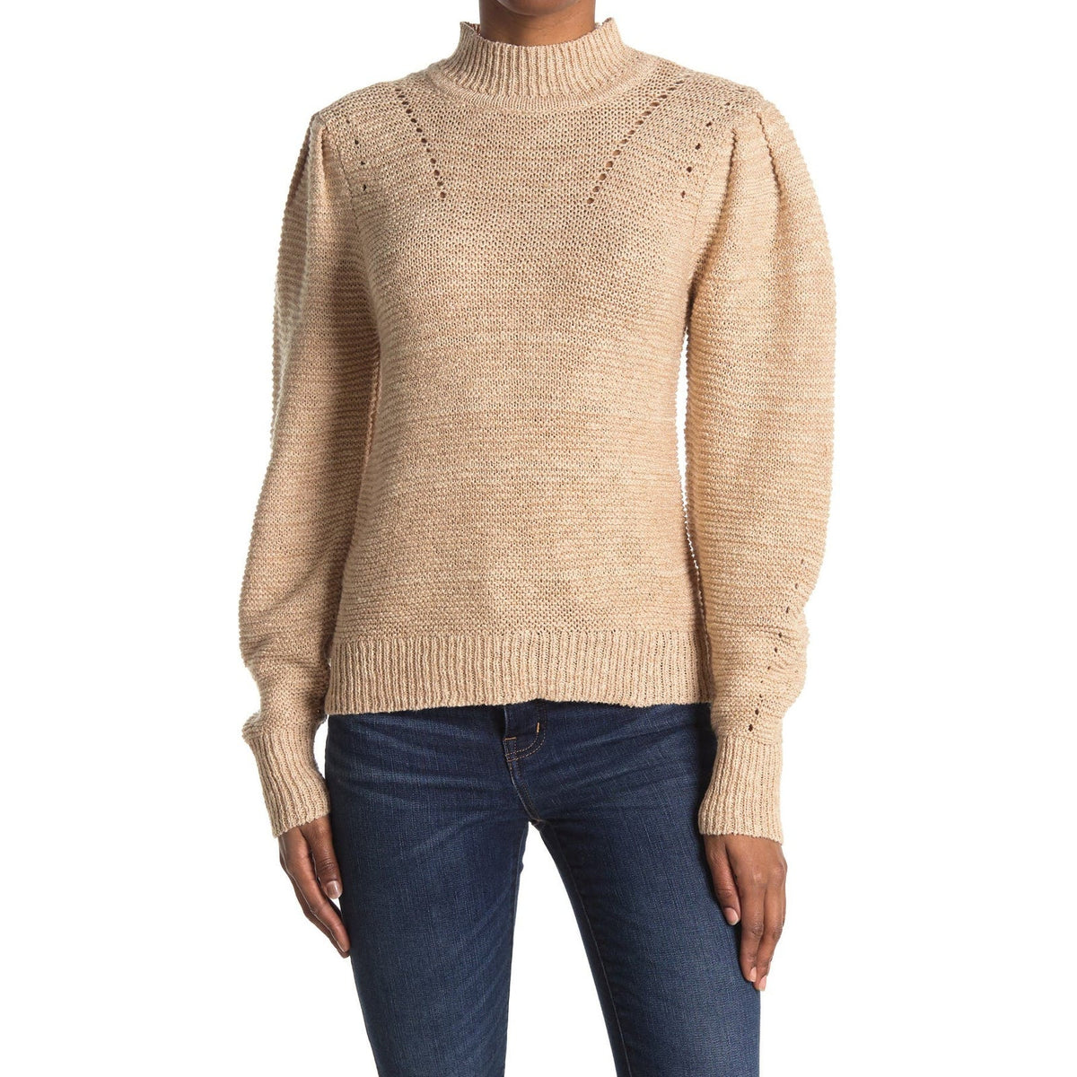 Lush Mock Neck Pullover Knit Sweater Puff Shoulder Sleeves Taupe Size Small