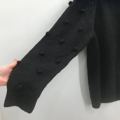 Cece Black Ball Sleeves Knitted Sweater Ribbed Crew Neck Size Medium NWT