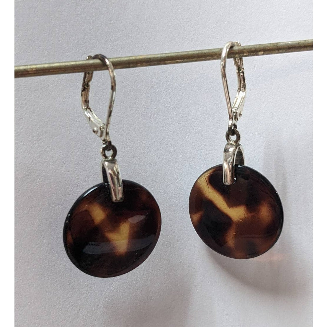 Vintage Amber Glass Translucent Disc Dangle Drop Earrings Silver Tone Metal
