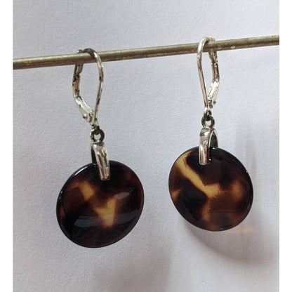 Vintage Amber Glass Translucent Disc Dangle Drop Earrings Silver Tone Metal