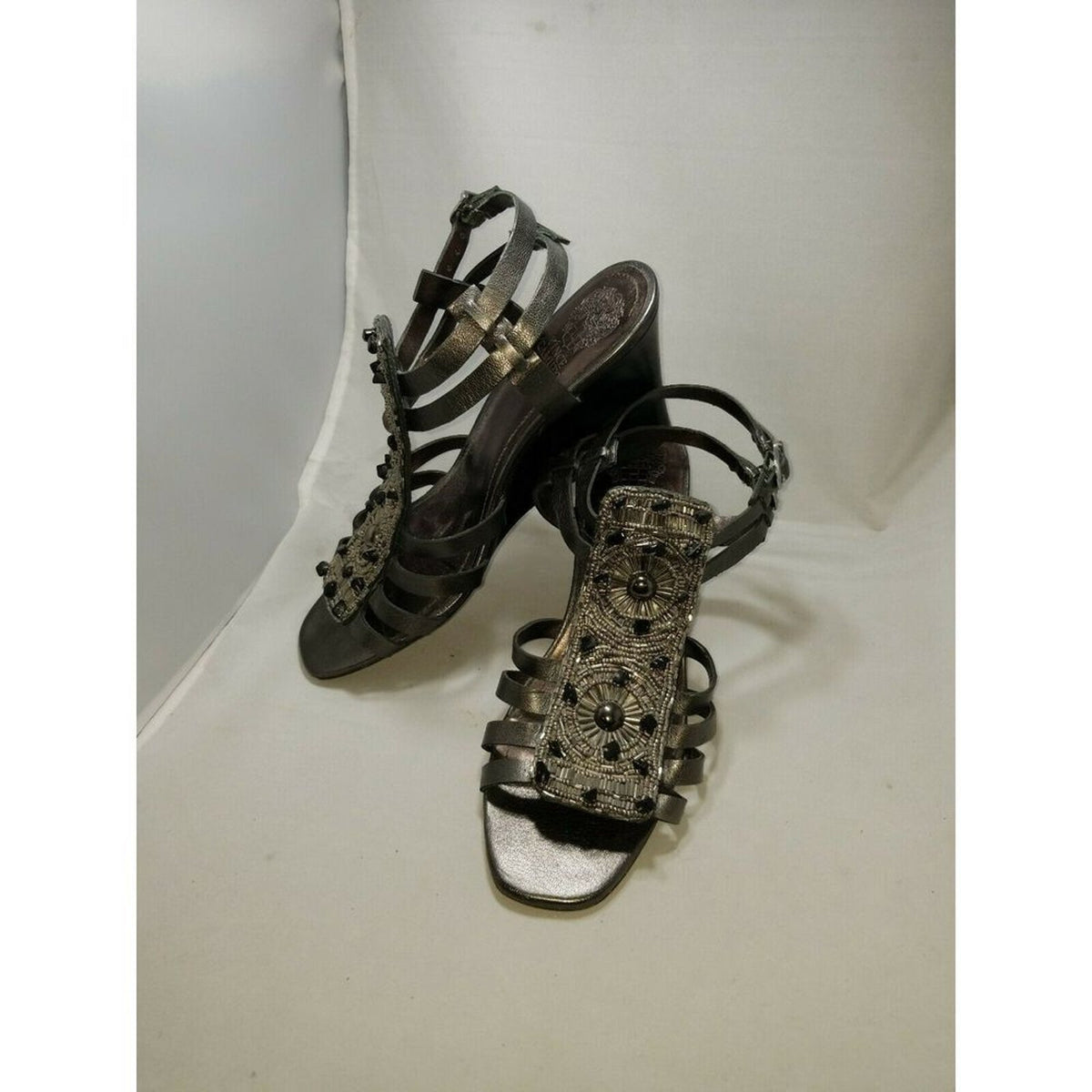 Vince Camuto women's Wedge Sandals PEWTER leather Beaded size 8B Strappy 38EU