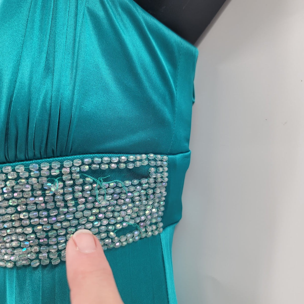 Vintage Teal Sequin Hearts Small Gown Damaged Dress Up Ruched Empire Maxi Blue