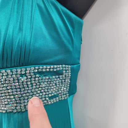 Vintage Teal Sequin Hearts Small Gown Damaged Dress Up Ruched Empire Maxi Blue