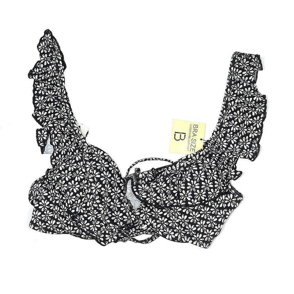 Sundazed Swimsuit Top Small(34B) Black White Flower Pattern Frilly Sleeve NWT
