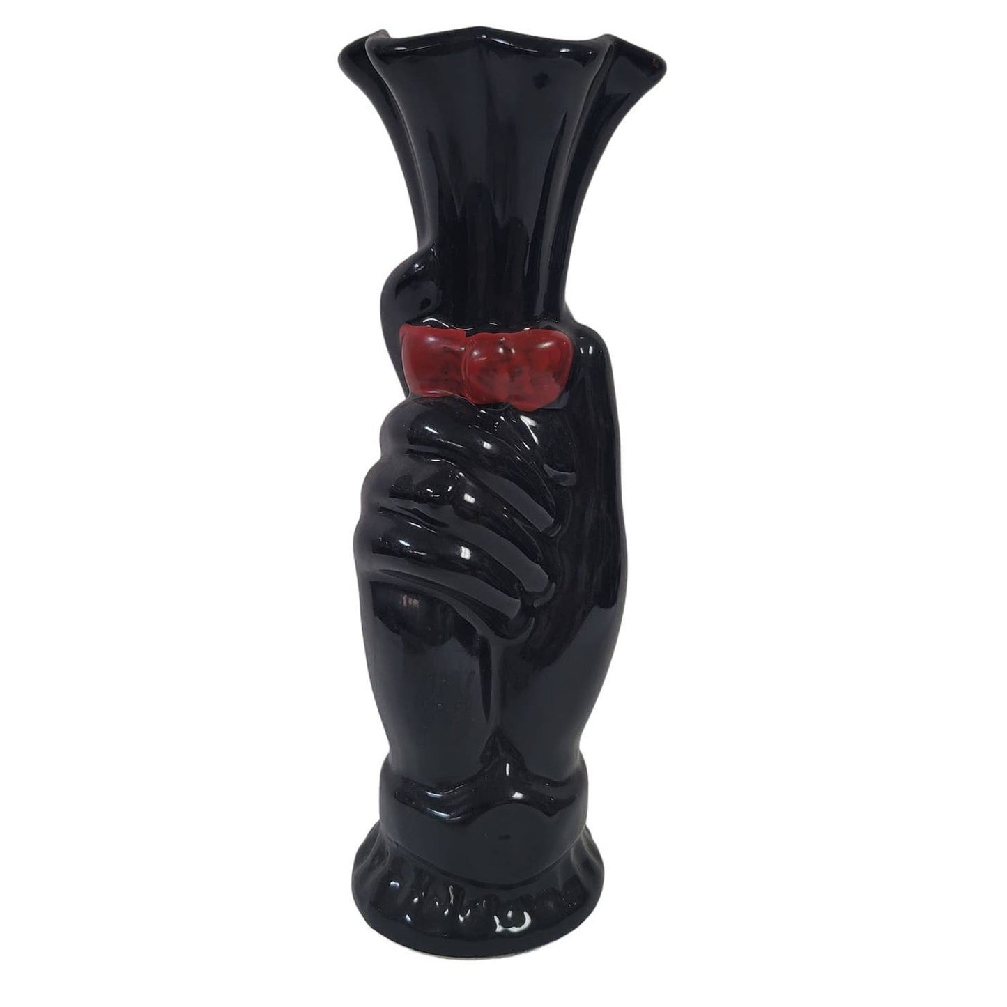 Vintage fluted black hand red bowtie tall vase Ceramic 9" tall