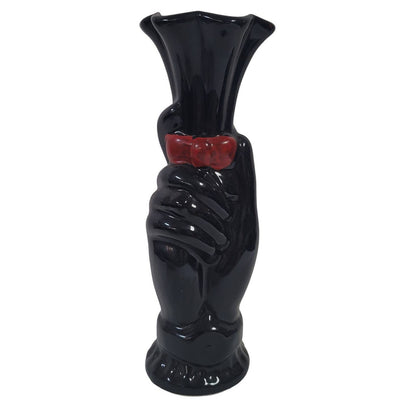 Vintage fluted black hand red bowtie tall vase Ceramic 9" tall