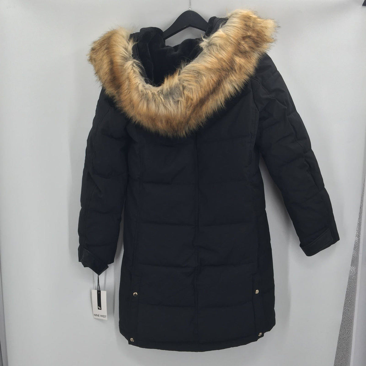 Nine West Faux Fur Trim Hooded Parka Coat Jacket Long Sleeve Black Size Small