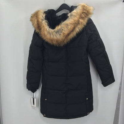 Nine West Faux Fur Trim Hooded Parka Coat Jacket Long Sleeve Black Size Small