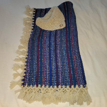 Handmade heavy poncho fringe wood button Winter One Size Multicolor Wool Cotton